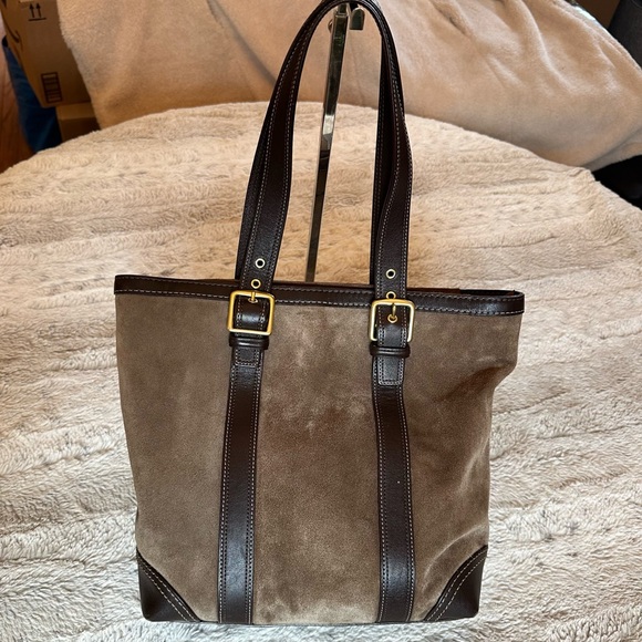 Coach Carly Taupe Brown suede and leather tote. - Picture 2 of 13